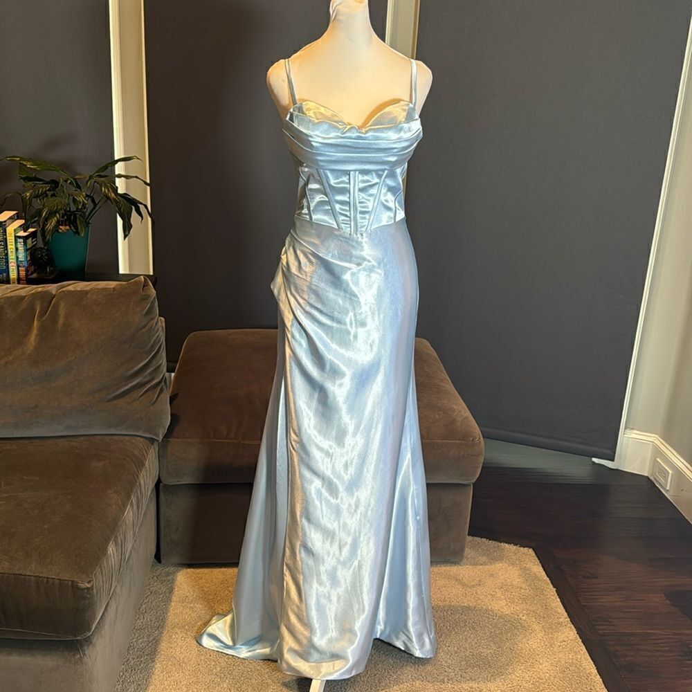 Women’s Light Blue Fulllength Prom Party Dress Crisscross Straps Leg Slit Size 4